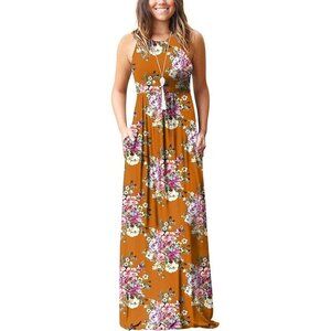 GRECERELLE Womens Maxi Dress Floral knit stretch Casual Long Dress Sz L mustard